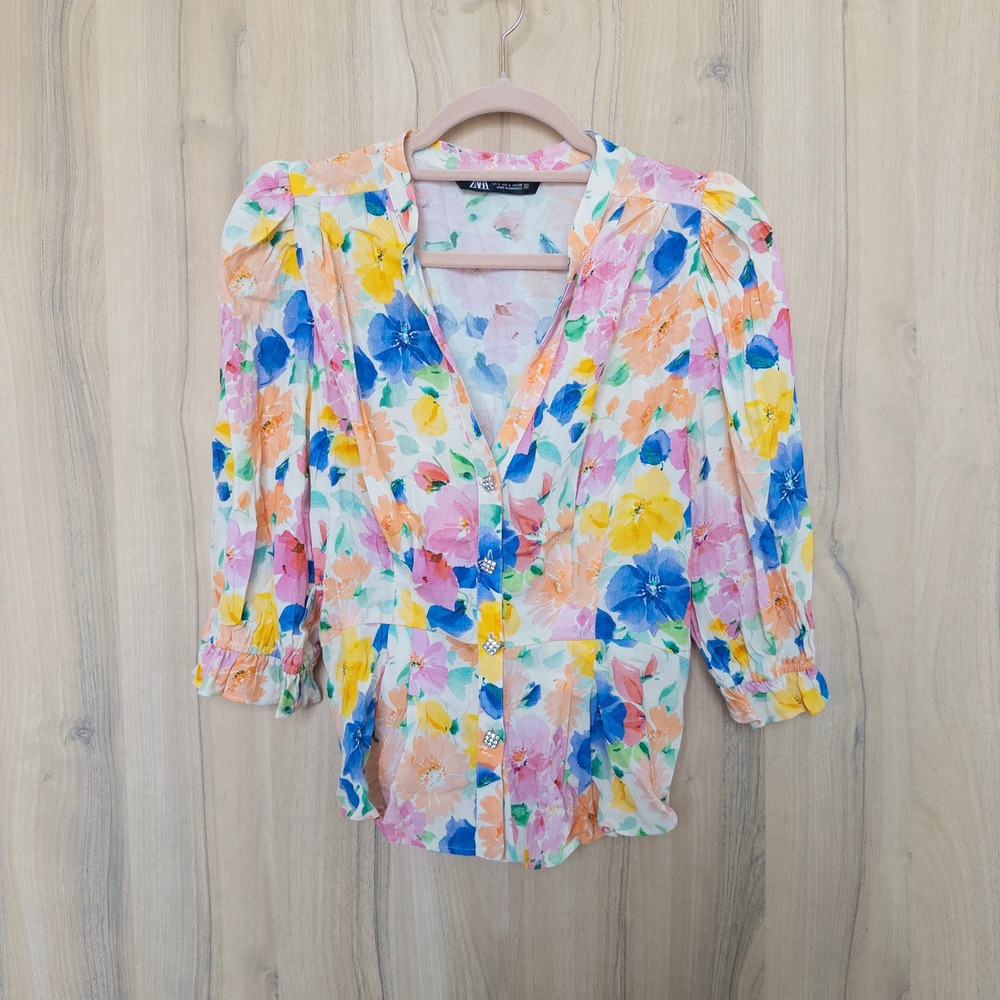 Zara Womens Floral Blouse S Colorful Rhinestone Button Cottage Garden Feminine